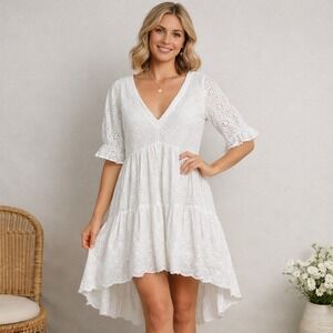 Sundance Womens Dress PS White Eyelet Tiered High Low Boho Cottagecore Bridal